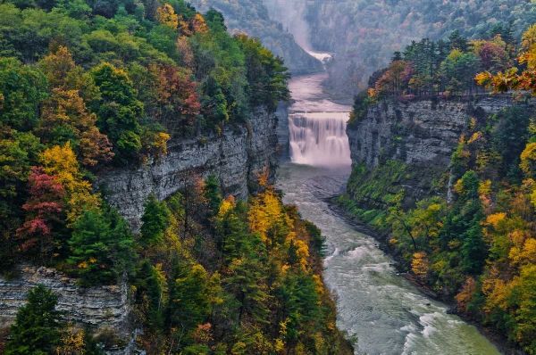 NY, Letchworth SP River and waterfall in canyon